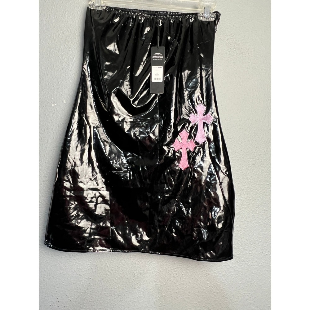 Fashion Nova Cross My Heart Latex Mini Dress Black Pink Blue Crosses Size M‎ NEW